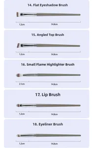 Detailed view of 5 professional makeup brushes with size specs and fiber bristles