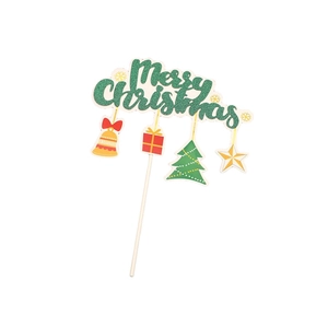 Green glitter Merry Christmas cake topper with festive hanging charms and wooden stick