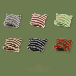 Detailed grid view of six striped crochet cat ear beanies in diverse color combinations