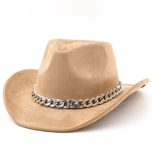 Classic camel faux wool cowboy hat with stylish silver metal chain band detail