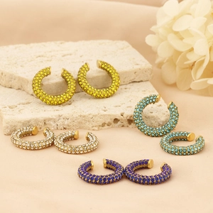 Fashion 18K gold plated C-shape stainless steel earrings with colorful crystals