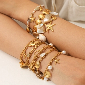 Bohemian gold stainless steel multi-layer bracelet set with shell and starfish charms