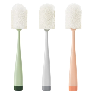 Set of 3 long-handled bottle brushes with sponge heads in green, grey, and pink tones