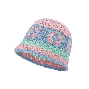 Handmade crochet hollow flower bucket hat in pink, blue, and mint green color block design