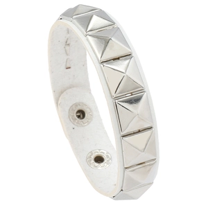 Macro detail of white leather bracelet with silver pyramid studs and snap closure