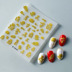 Golden 5D embossed rose nail stickers with intricate flower designs for manicure