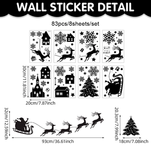 8-sheet Christmas wall sticker set featuring black Santa Claus and reindeer silhouettes