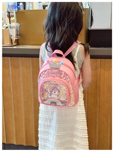 Pink unicorn kids backpack featuring glitter sequins and a crown on a young girl model