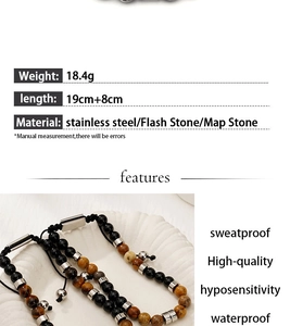 Close-up of men's natural tiger eye and map stone beaded bracelets with adjustable chain