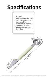 Detailed view of dual-head stainless steel fruit baller with dimensions and carving blade