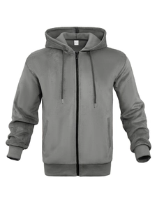 Detail of grey hooded zip-up sweatshirt with 100% polyester micro-grid fabric texture