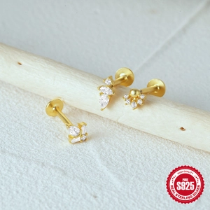 S925 sterling silver gold stud earrings with geometric zircon stones for piercings