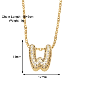 Detailed view of gold letter W pendant with cubic zirconia and exact product dimensions