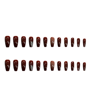 Deep wine red striped flower press-on nails 24pcs long coffin shape glossy finish