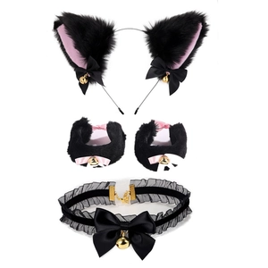 Black plush cat ear headband set with bells, lace choker and wristbands for cosplay