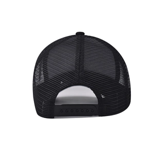Rear view of black trucker hat showing breathable mesh and adjustable snapback closure