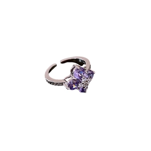 Sparkling zircon four-leaf flower open ring with purple heart stones and silver finish