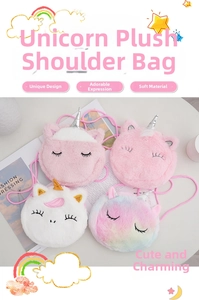 Detail showing four colorful plush unicorn shoulder bags with soft faux fur and horns