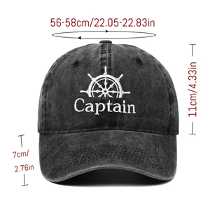 Detailed dimensions of washed black cotton baseball cap with Captain embroidery logo