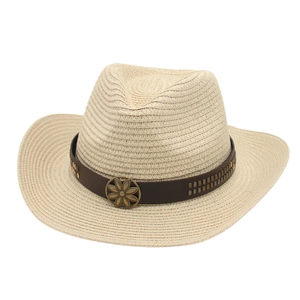 Chapeau de cowboy en paille kaki avec bandeau ethnique en cuir et décoration en métal