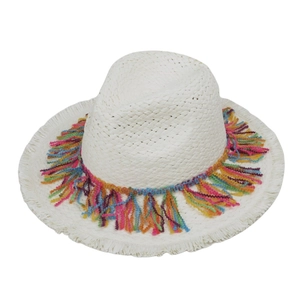 Detail of white straw sun hat featuring colorful wave tassel trim and frayed edges