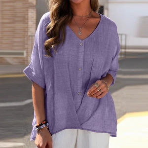Purple V-neck linen-style short sleeve shirt with button details and cross hem design