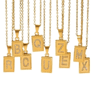 18k gold plated stainless steel square pendant necklace with crystal letter charms