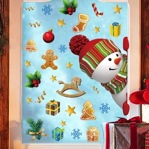 Christmas snowman window stickers with snowflake and gingerbread man decals for glass decor