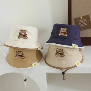 Toddler Kids Bucket Hat Cotton Blend Cute Bear Embroidery Adjustable Windproof Rope Sun Protection Baby Sun Hat