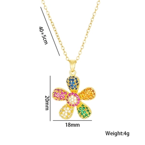 Gold sunflower pendant necklace with colorful gems and 40+5cm chain size specs
