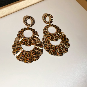 Detailed close-up of leopard print layered fan earrings with gold-tone circular hollow links
