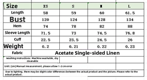 Tableau des tailles pour chemisier en satin avec mesures de XS à L en centimètres