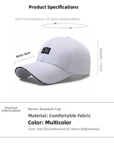 White baseball cap with adjustable 55-60cm strap and 8cm brim detail dimensions