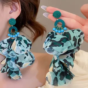 Exaggerated leopard print fabric flower drop earrings with tassel and silver needles