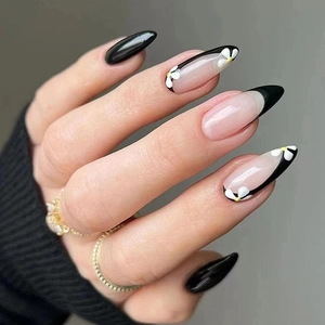 Schwarze Französische Spitze Mandel Aufdrücknägel Mit Weißem Gänseblümchen Design Süßer Cooler Stil Künstliche Nägel Für Damen Schmuck