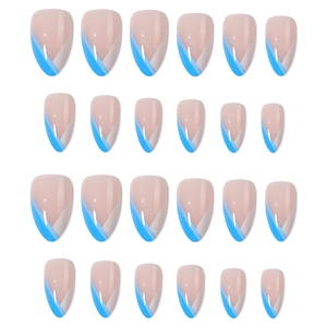 French almond fake nails with light pink base and blue-white geometric line design