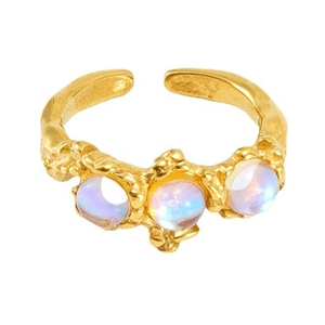 Vintage irregular gold moonstone open ring with three iridescent round gemstones for women