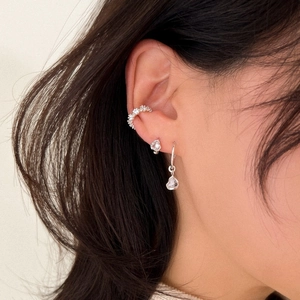 Vintage silver heart ear cuff and stud earring set with zircon for non-pierced ears