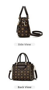 Detailed side and back view of dark brown monogram handbag with gold F-pattern logo