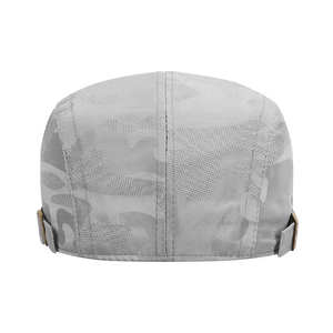 Grey camouflage breathable flat cap featuring adjustable side metal buckles and a mesh design