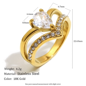 18K gold plated stainless steel double layer V-shaped crown ring with drop zircon stone