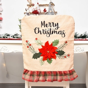 Coprisedia natalizio in lino con stampa Merry Christmas e decorazione floreale rossa
