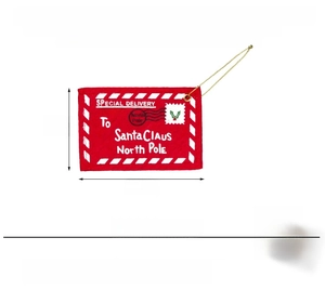 Detail of red felt Christmas envelope ornament with white embroidery for Santa