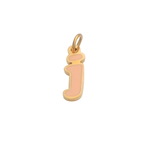 Detailed close-up of a golden metal letter J pendant with smooth pink enamel finish