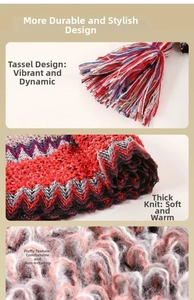 Detail of knit shawl featuring soft tassel fringe and thick textured wavy pattern
