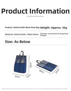 Detailed size chart for waterproof oxford fabric shoe storage bag with mesh and dimensions