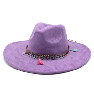 Purple wide brim suede fedora hat with bohemian colorful tassel band decoration