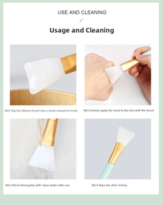 Four-step guide showing application and cleaning of the silicone face mask brush with blue handle