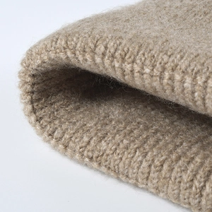Women's warm khaki wool knit beanie featuring stylish double-cuffed edges for autumn
