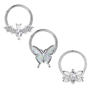 Set of 3 stainless steel nose rings with bat, butterfly and flower crystal designs